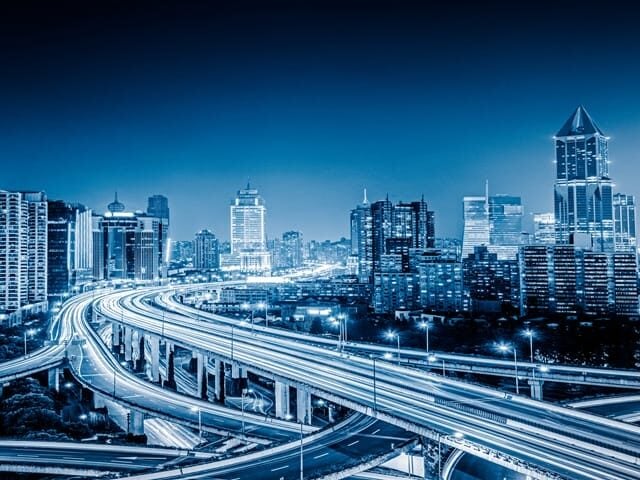 Aerial View of Shanghai overpass at Night in China.